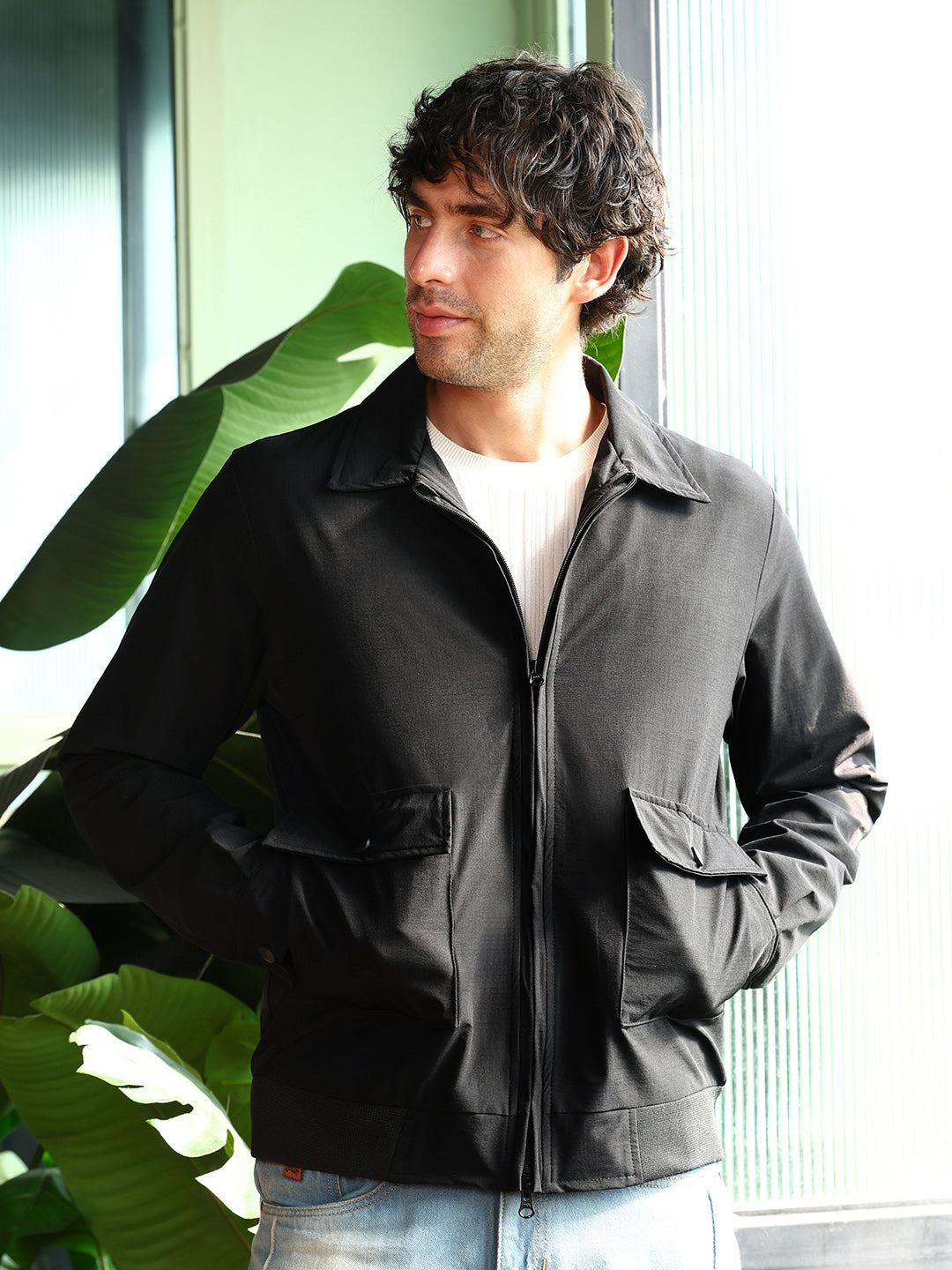 Zip-Front Geometric-Jacquard Jacket