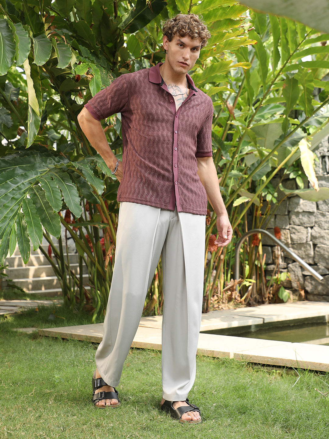Burgundy Textured Cuban Collar Shirt