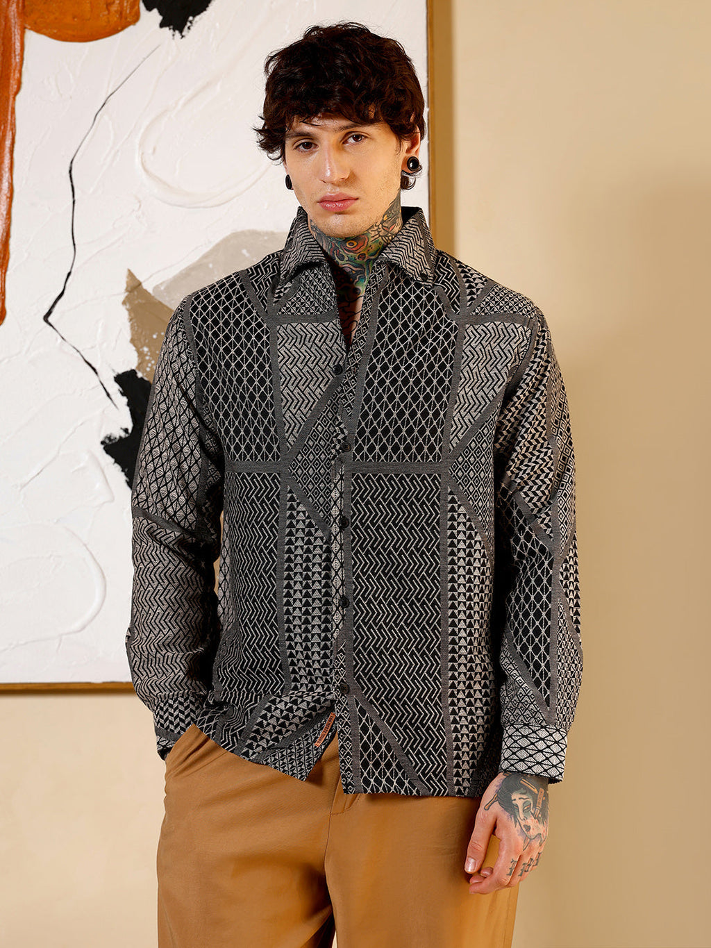 Geometric-Blocks Jacquard Shirt