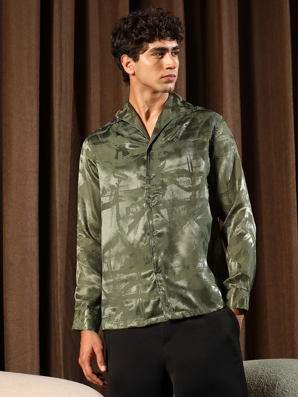 Abstract-Jacquard Satin Shirt