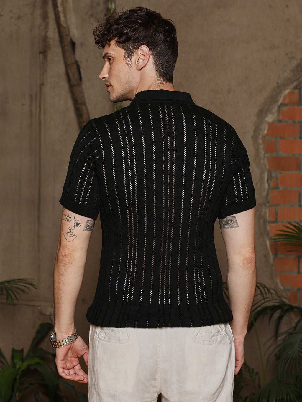 Stripe-Textured Polo T-Shirt
