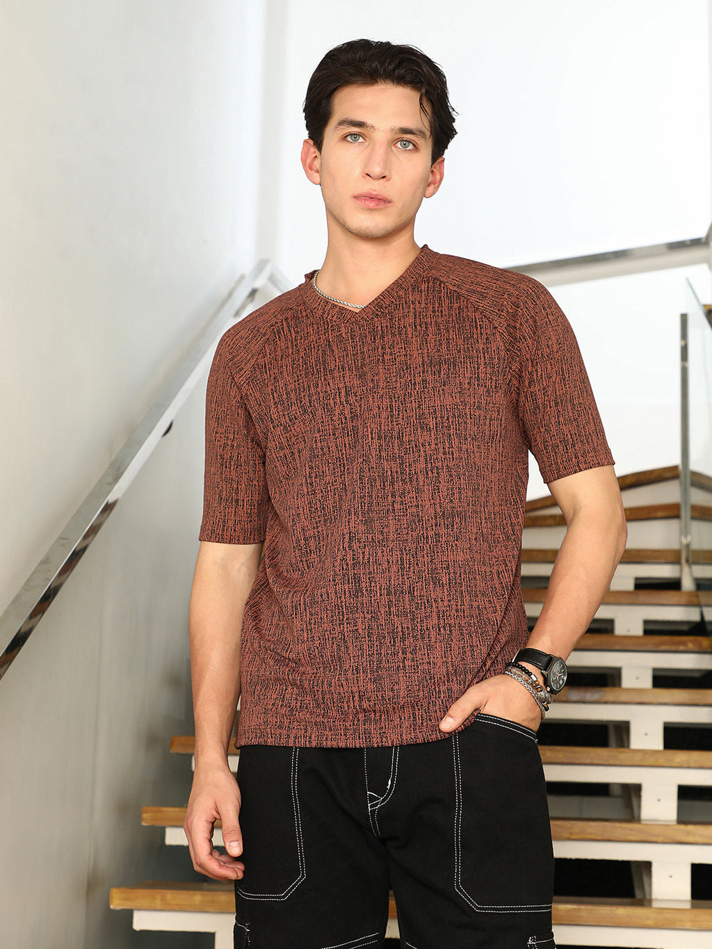 Contrast-Heathered Knitted T-Shirt