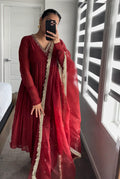 Mul Cotton Hand Work Anarkali with Churi Sleeves Set of 3