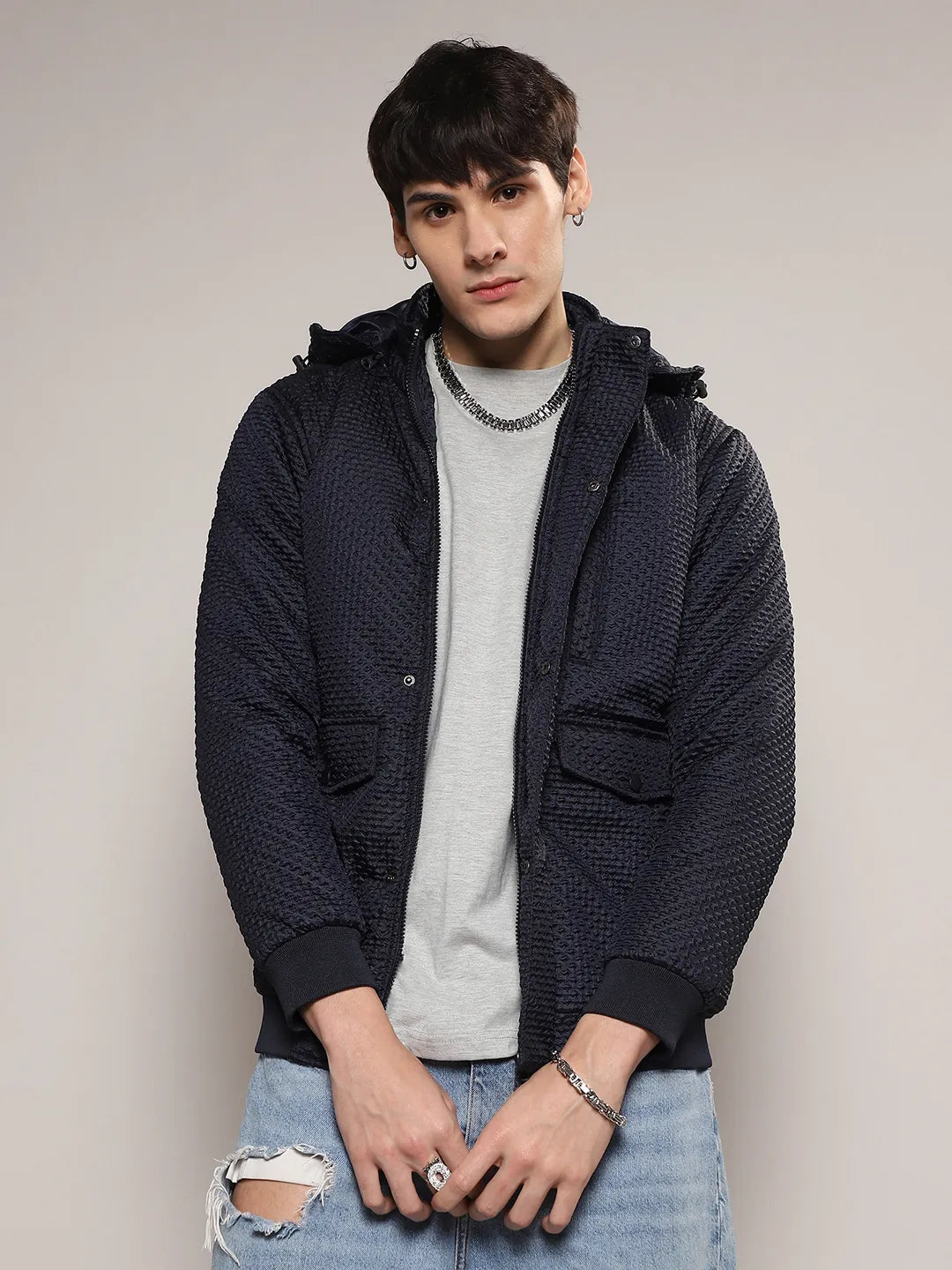 Self-Design Diamond Puffer Jacket With Fleece Hood